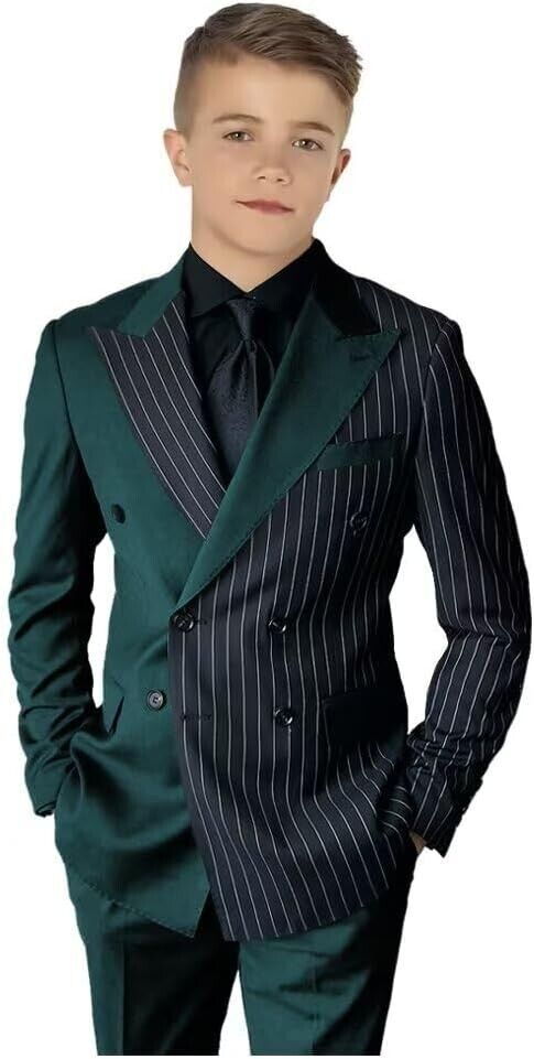 Striped Block Boy Suits Double Breasted Jacket Casual Kids Tuxedo Blazer Pant - Picture 30 of 40