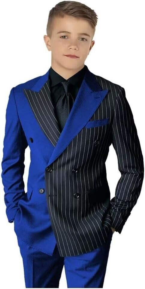 Striped Block Boy Suits Double Breasted Jacket Casual Kids Tuxedo Blazer Pant - Picture 34 of 40