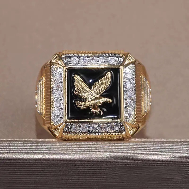 Men Ring Gold Silver Stainless Steel Eagle Black Gemstones Cz Jewellery Gift New - Picture 10 of 14