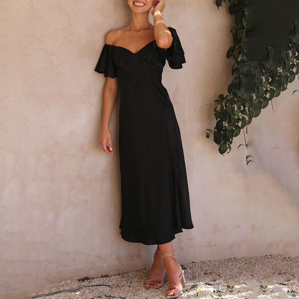 Sexy vestido sin cordones de satén para mujer con hombros descubiertos mangas con volantes - Imagen 12 de 29