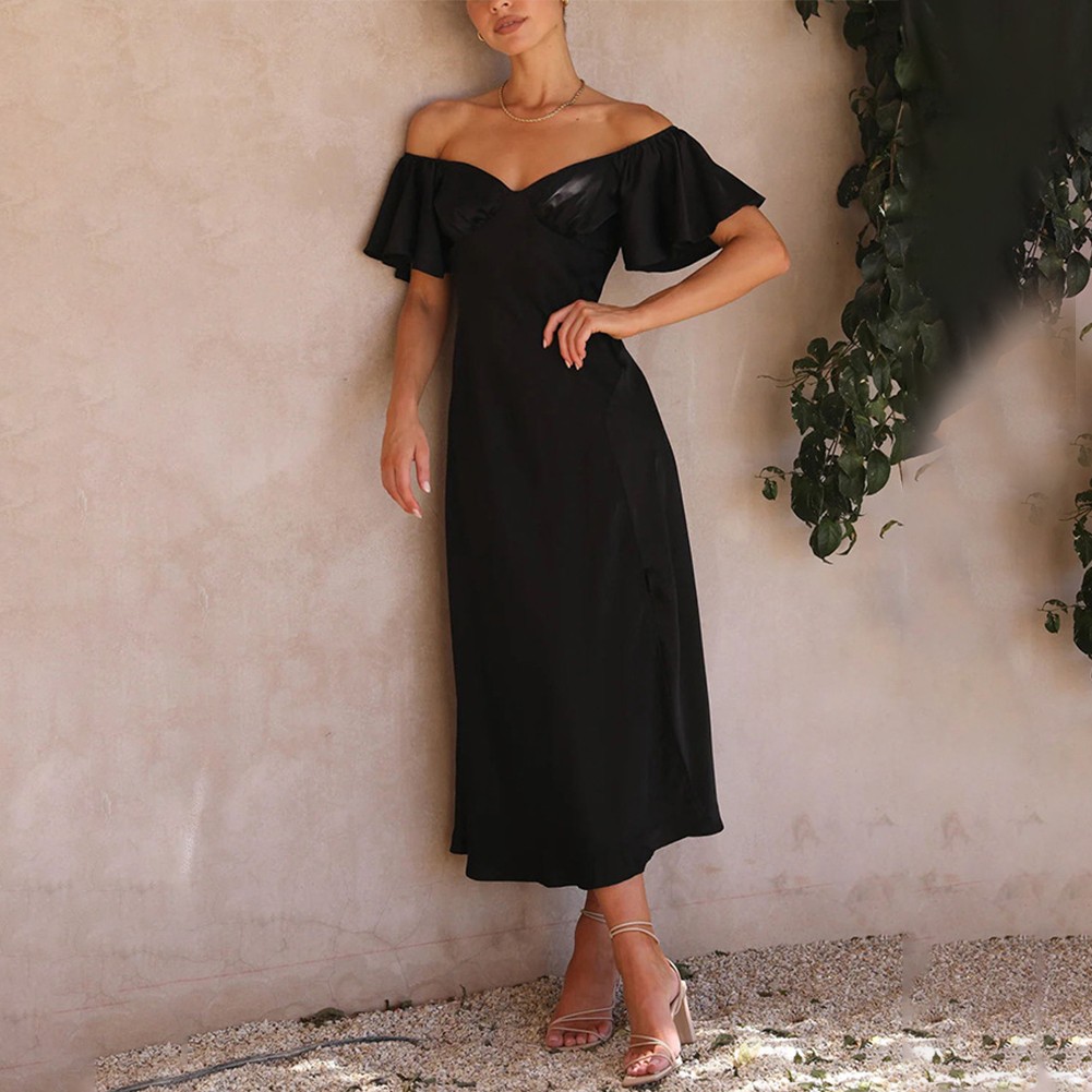 Sexy vestido sin cordones de satén para mujer con hombros descubiertos mangas con volantes - Imagen 14 de 29