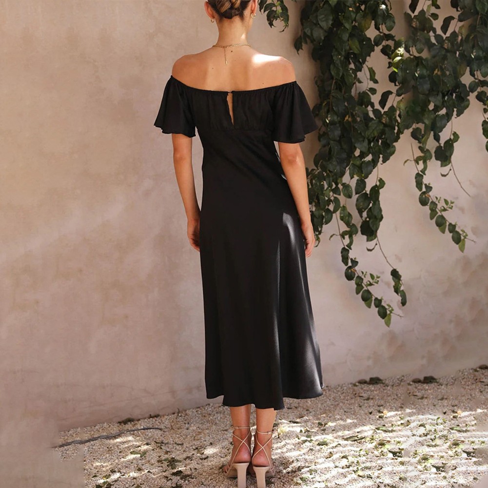 Sexy vestido sin cordones de satén para mujer con hombros descubiertos mangas con volantes - Imagen 15 de 29