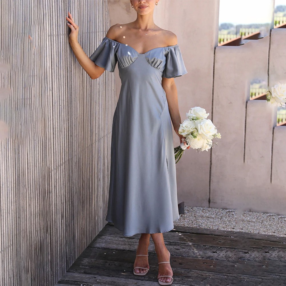 Sexy vestido sin cordones de satén para mujer con hombros descubiertos mangas con volantes - Imagen 21 de 29