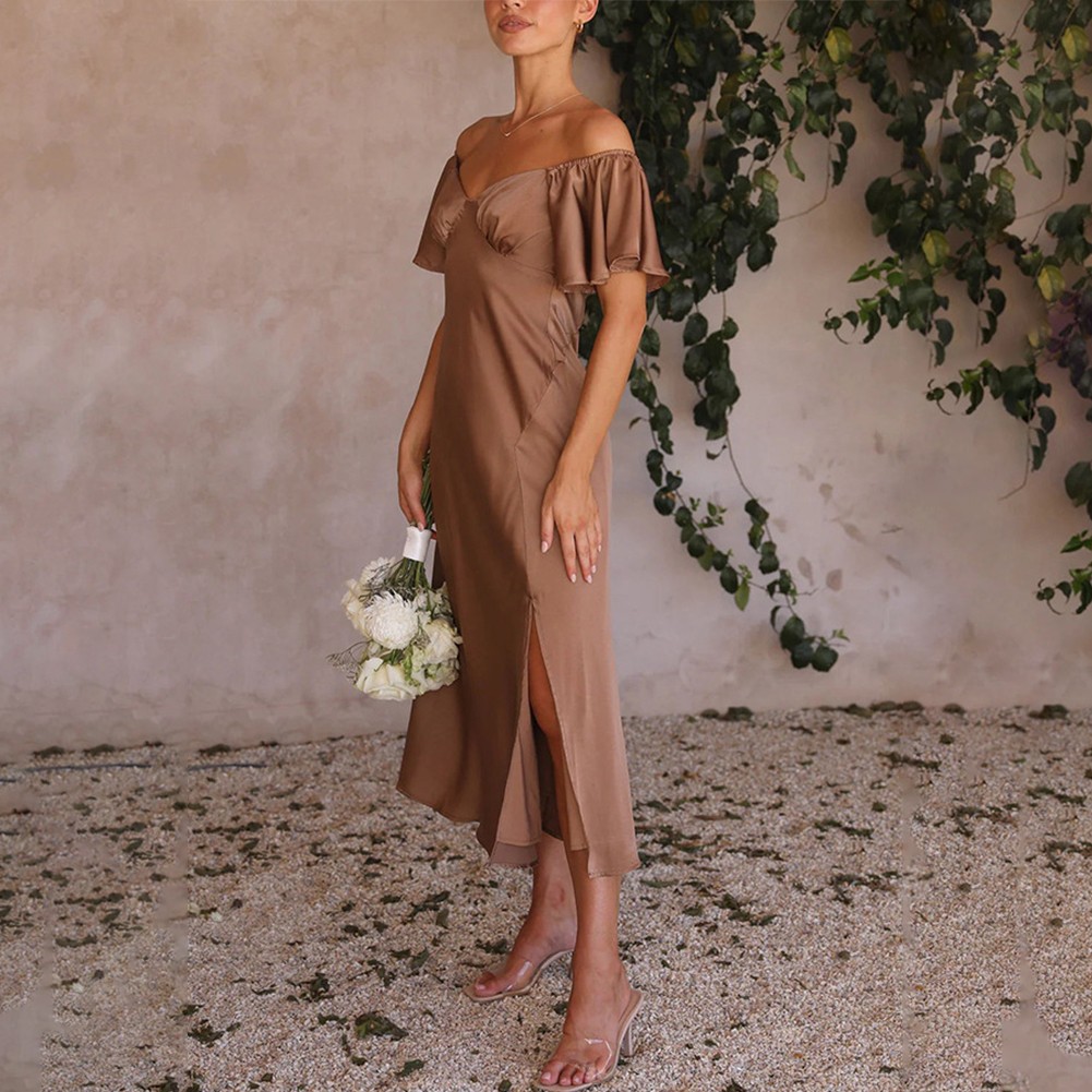 Sexy vestido sin cordones de satén para mujer con hombros descubiertos mangas con volantes - Imagen 27 de 29