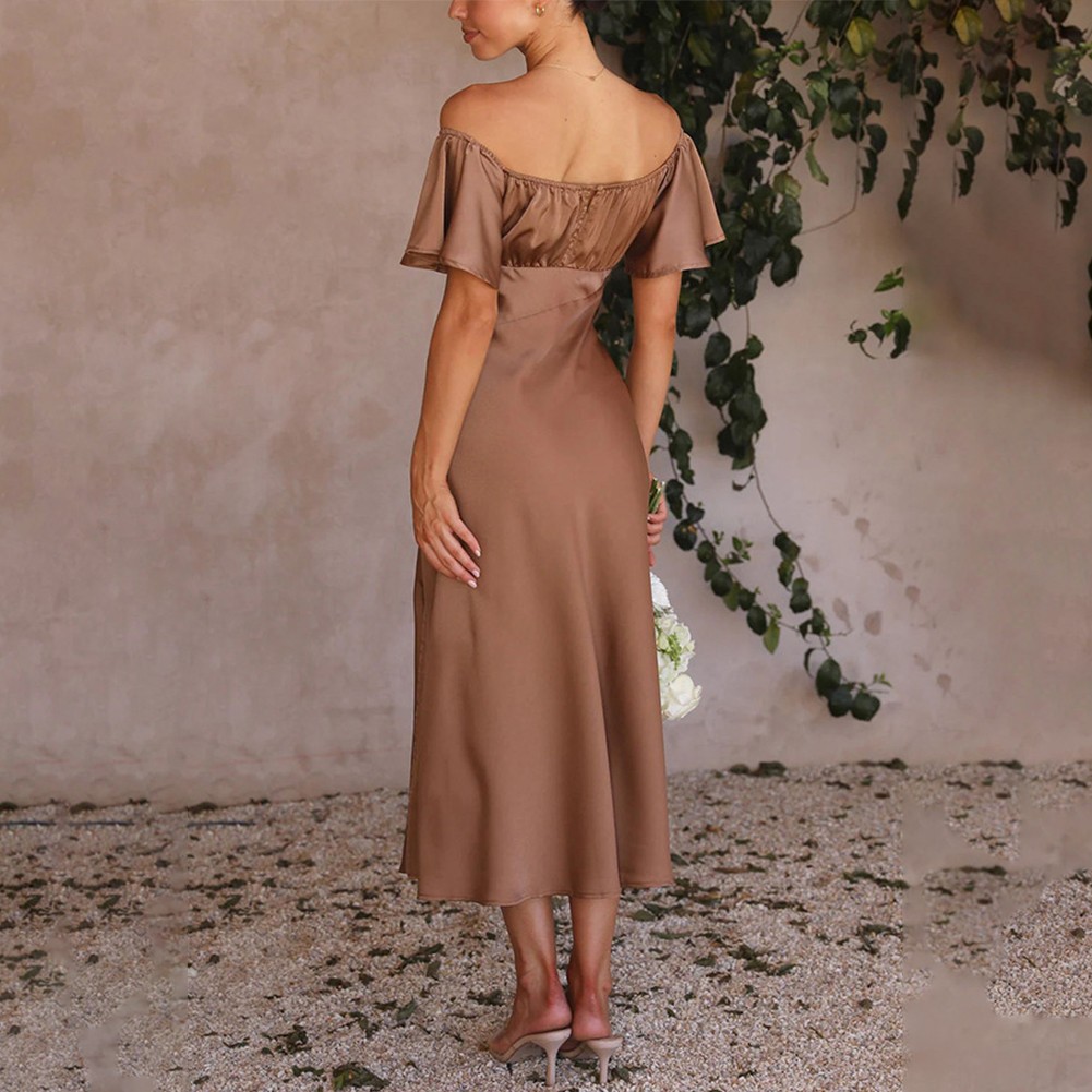 Sexy vestido sin cordones de satén para mujer con hombros descubiertos mangas con volantes - Imagen 29 de 29
