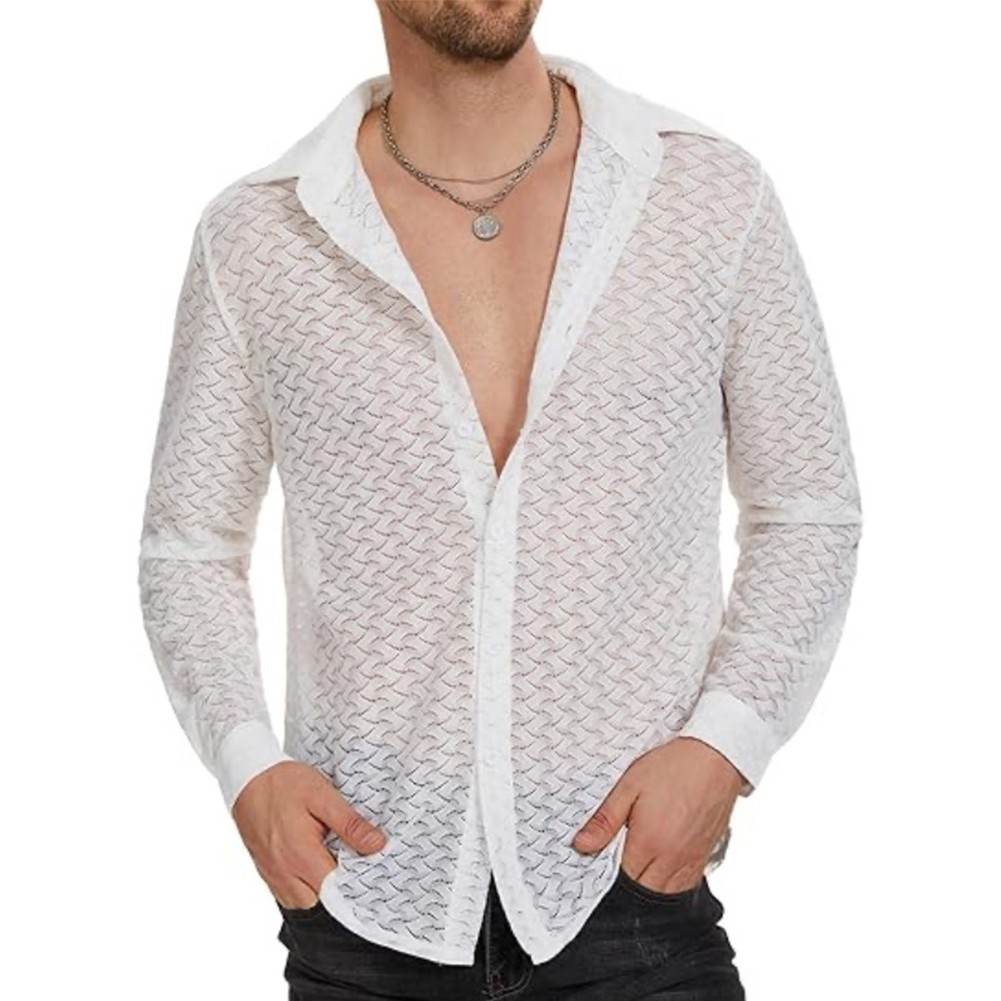 Cómoda camisa holgada manga larga cuello en V transparente de malla para hombre - Imagen 16 de 20