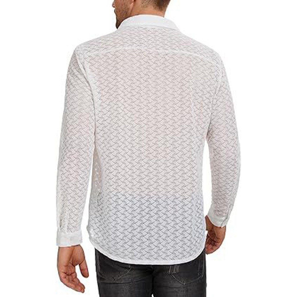 Cómoda camisa holgada manga larga cuello en V transparente de malla para hombre - Imagen 17 de 20
