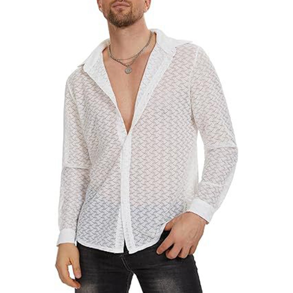 Cómoda camisa holgada manga larga cuello en V transparente de malla para hombre - Imagen 18 de 20
