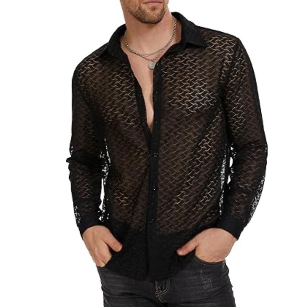 Cómoda camisa holgada manga larga cuello en V transparente de malla para hombre - Imagen 19 de 20