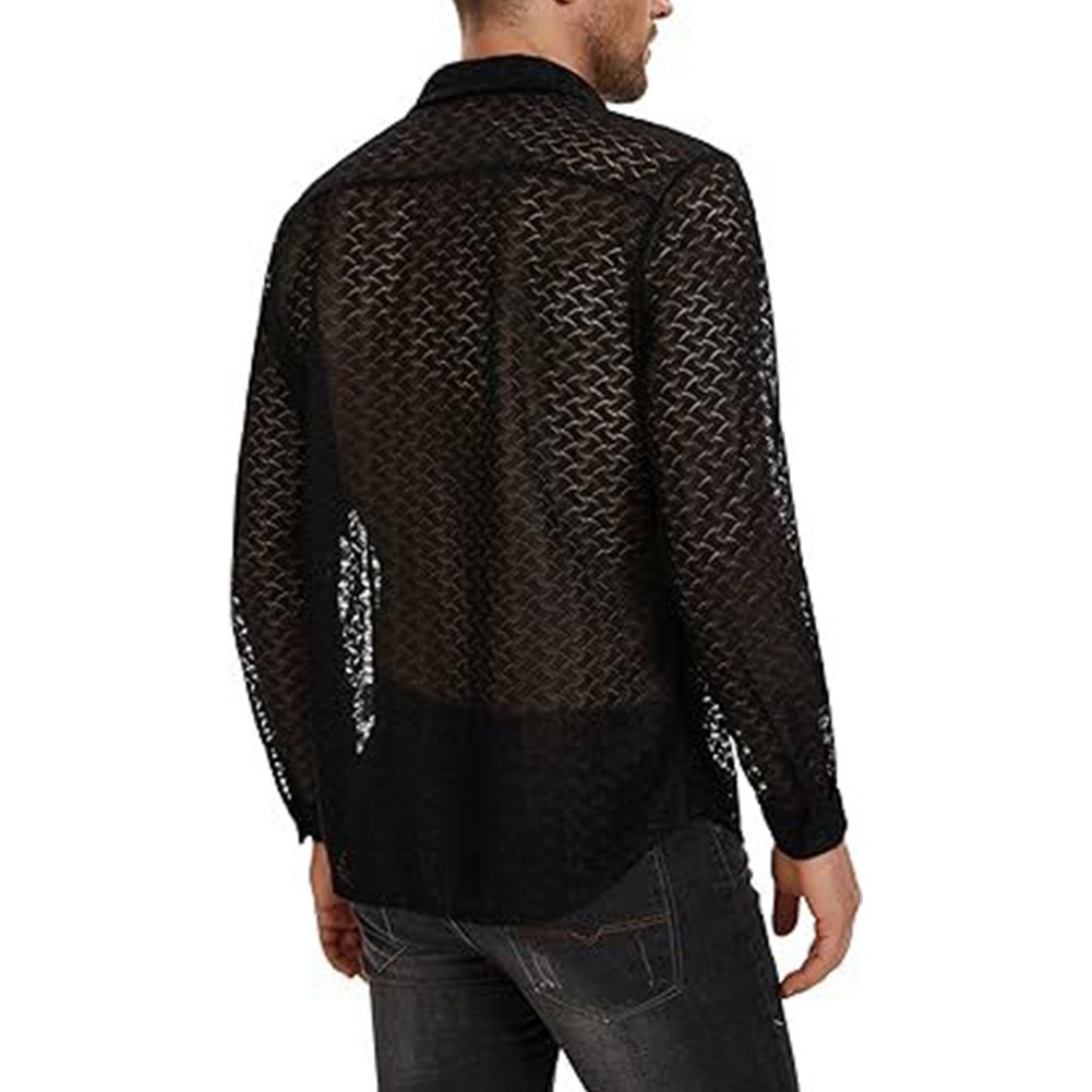 Cómoda camisa holgada manga larga cuello en V transparente de malla para hombre - Imagen 20 de 20