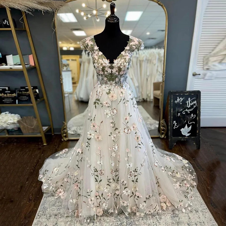 Flower Wedding Dresses V Neck Cap Sleeve Backless Applique Tulle Bridal Gowns - Picture 11 of 24