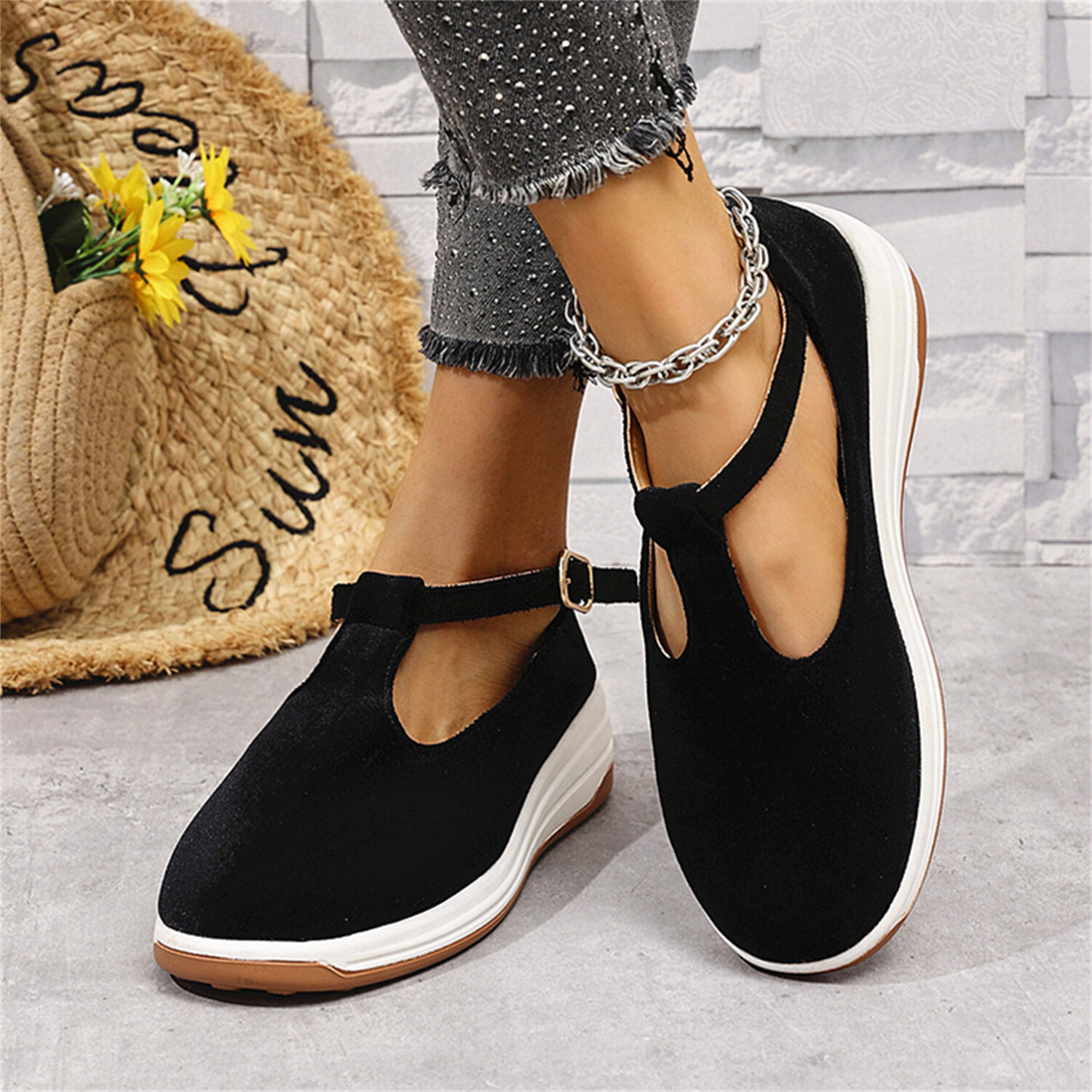 Women's T-Strap Shoes Platform Loafers Arch Support Comfort Casual Slip On Walk - Picture 12 of 14