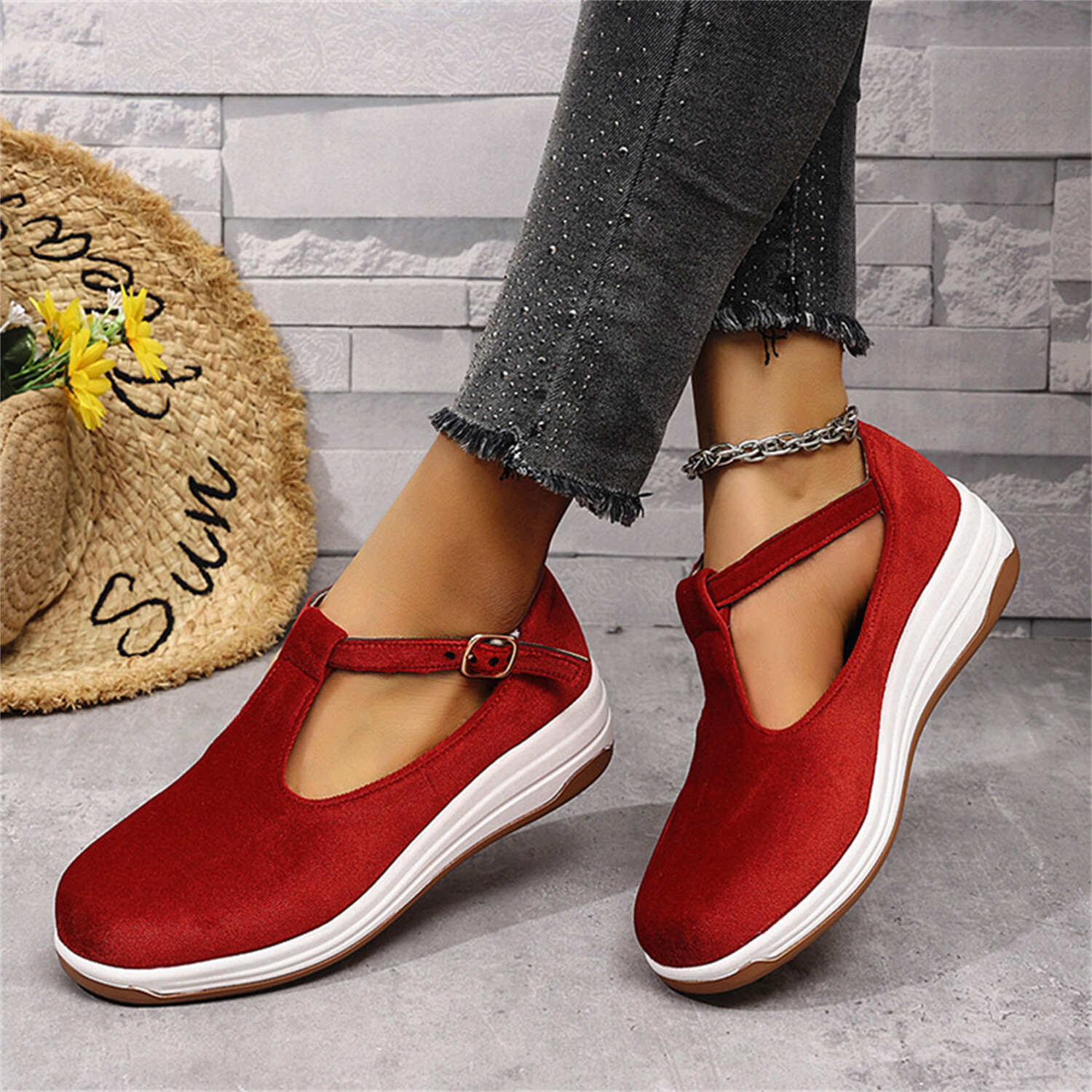 Women's T-Strap Shoes Platform Loafers Arch Support Comfort Casual Slip On Walk - Picture 14 of 14