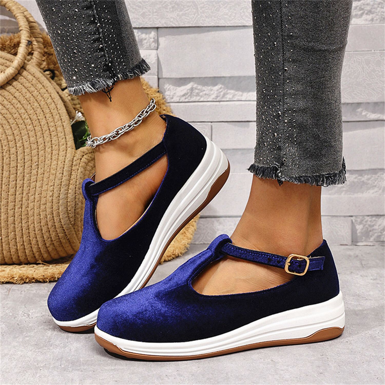 Women's T-Strap Shoes Platform Loafers Arch Support Comfort Casual Slip On Walk - Picture 13 of 14