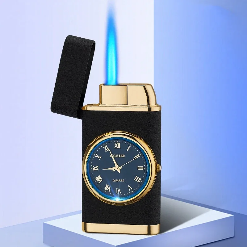 Luxury Quartz Watch Butane Gas Cigar Lighter Windproof Jet Blue Flame Gifts