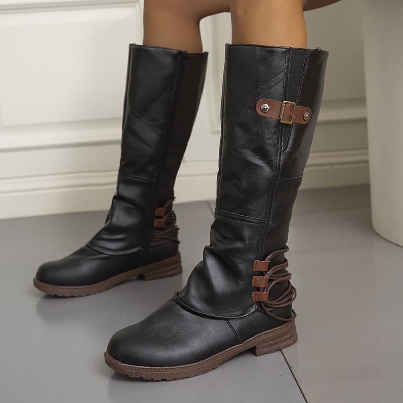 Vintage Women's Cowgirl Cowboy Boots Flat Heel Mid Calf Knee High Riding Boots
