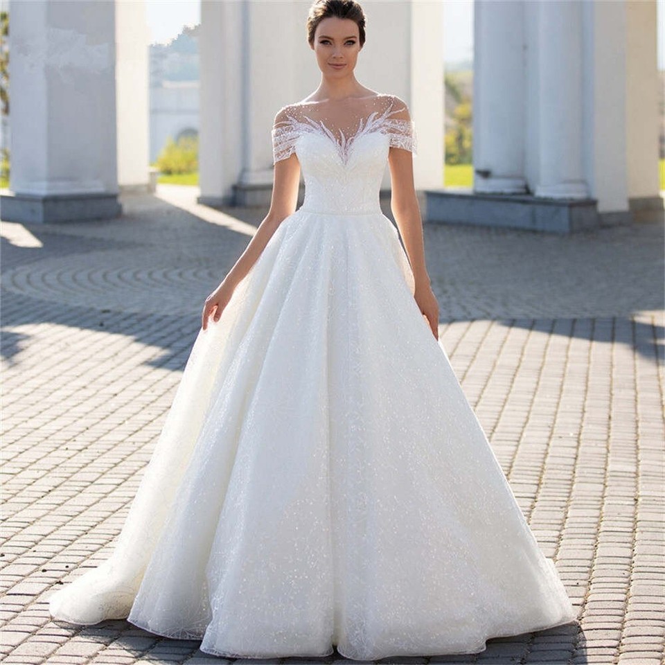 Glitter Short Sleeves Wedding Bridal Dresses V Neck Applique A Line Sweep Train - Picture 12 of 12