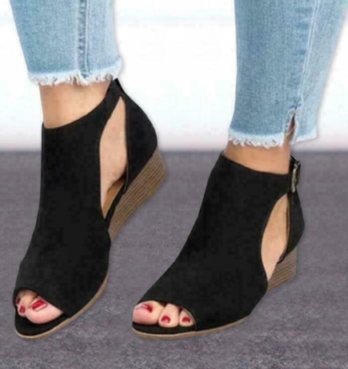 Women Suede Wedge Sandals Summer Ladies Ankle Strap Buckle Peep Toe Casual Shoes - Picture 16 of 18