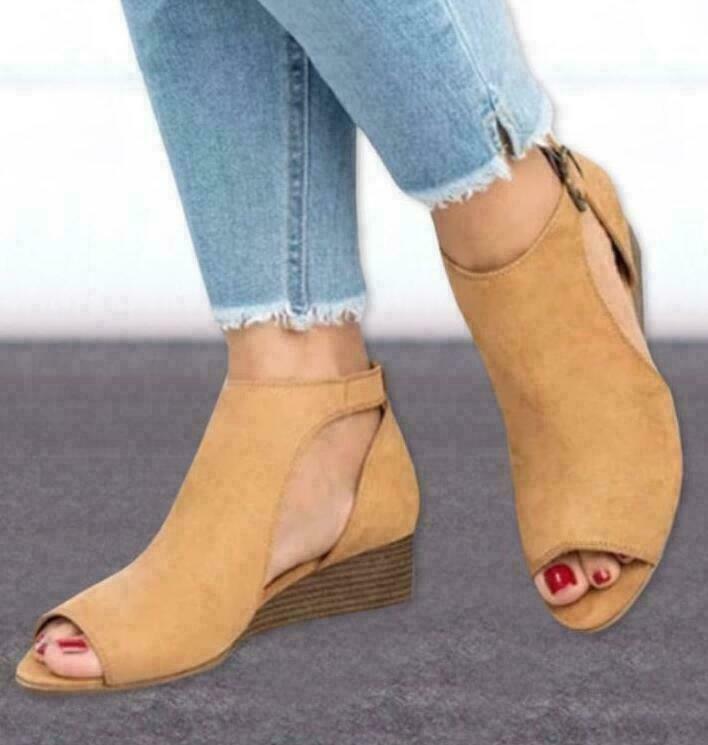 Women Suede Wedge Sandals Summer Ladies Ankle Strap Buckle Peep Toe Casual Shoes - Picture 17 of 18