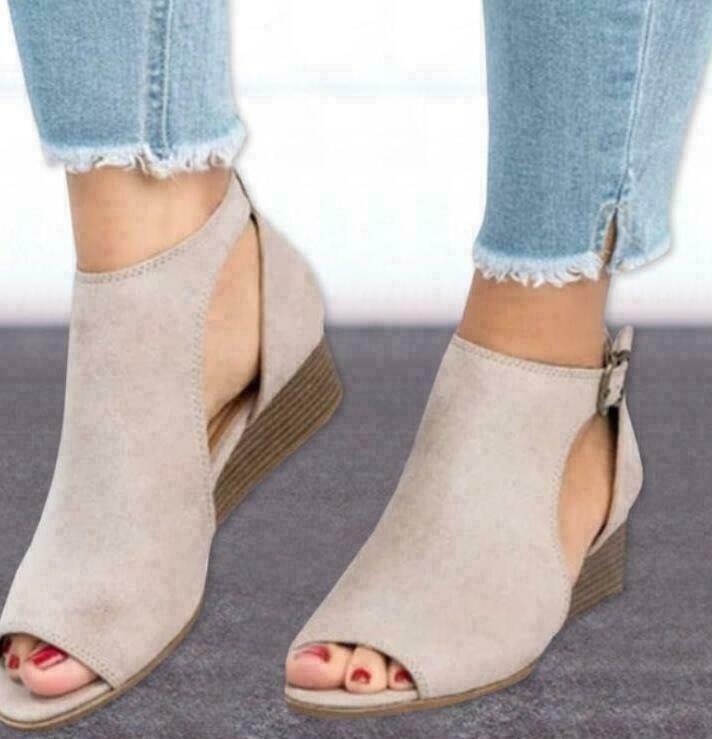 Women Suede Wedge Sandals Summer Ladies Ankle Strap Buckle Peep Toe Casual Shoes - Picture 18 of 18