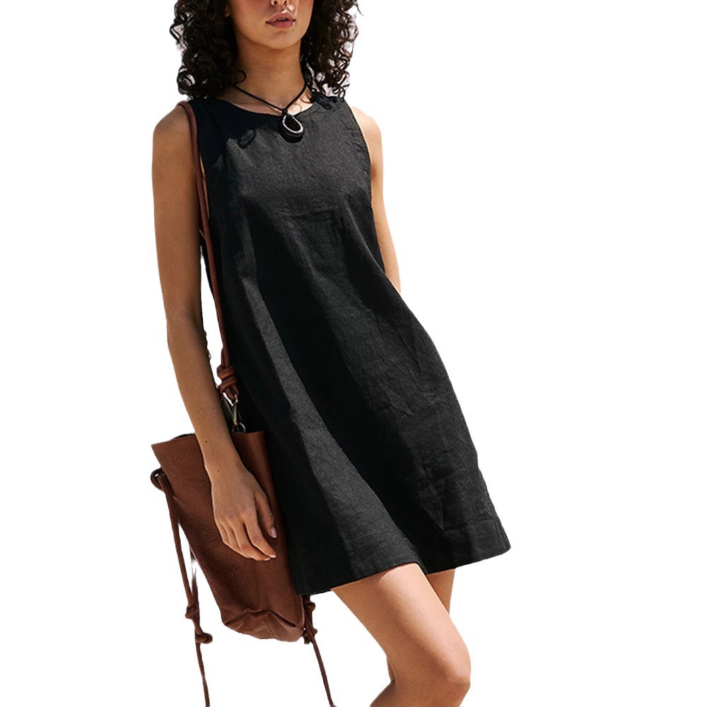 Summer new women's cotton and linen vest backless solid color mini dress multi - Picture 26 of 27
