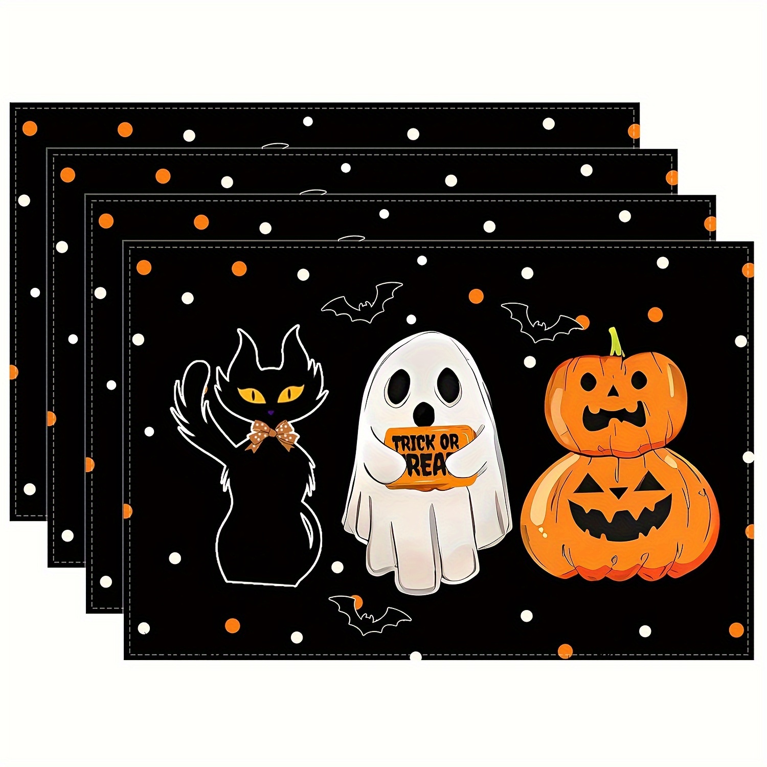 1/4pcs Halloween Placemats - 12x18 Inch, Black with White Polka Dots Bats, Pumpk - Picture 7 of 7