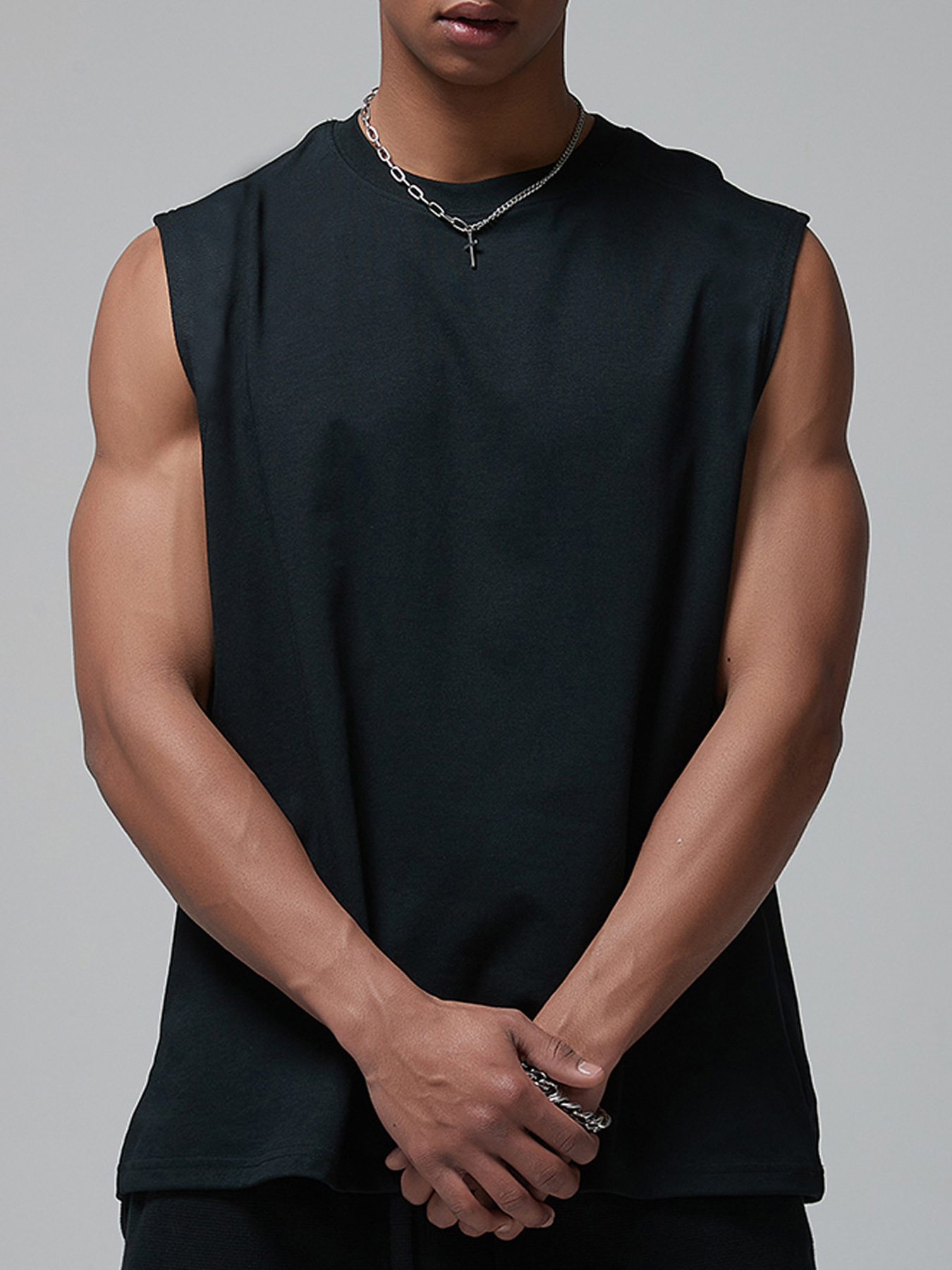 2025 Men's Wide Shoulder Sleeveless Tank Top Solid Plain Loose US Sizes T-Shirt - Picture 27 of 29