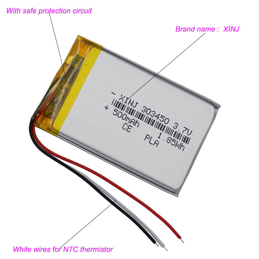 3.7V 500mAh 1.85Wh Li Battery 303450 JST 3pin Connector NTC Thermistor 3-Wires - Picture 15 of 20