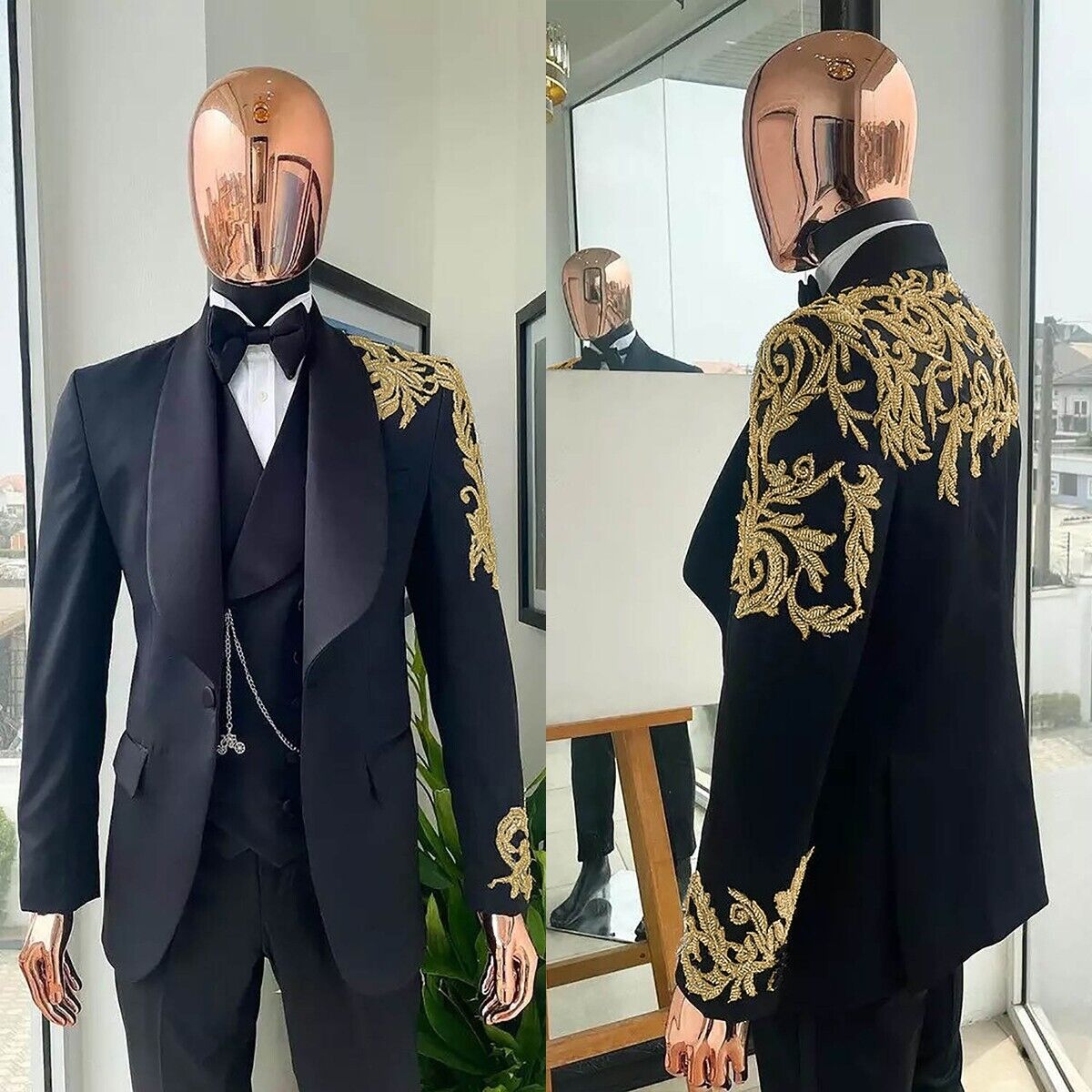 3 Pieces Gold Appliques Men Suits Wedding Tuxedo Formal Prom Party Office Wear - Picture 10 of 10