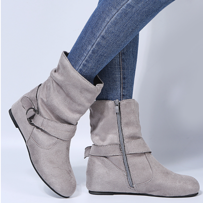 Botas de mujer planas con cremallera en el tobillo trabajo escolar tacón bajo holgadas talla grande - Imagen 18 de 19