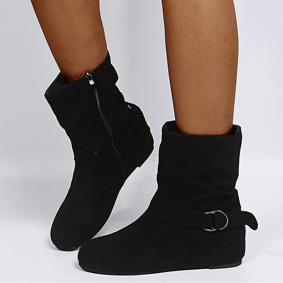 Botas de mujer planas con cremallera en el tobillo trabajo escolar tacón bajo holgadas talla grande - Imagen 15 de 19
