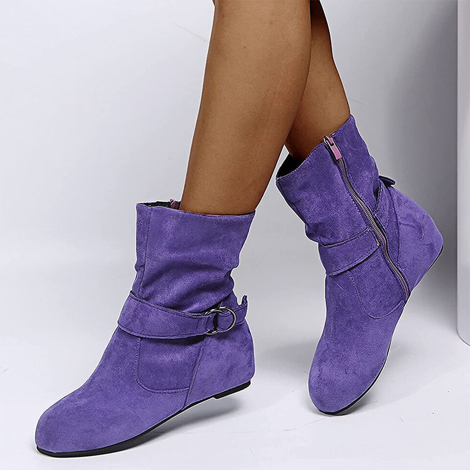 Botas de mujer planas con cremallera en el tobillo trabajo escolar tacón bajo holgadas talla grande - Imagen 17 de 19