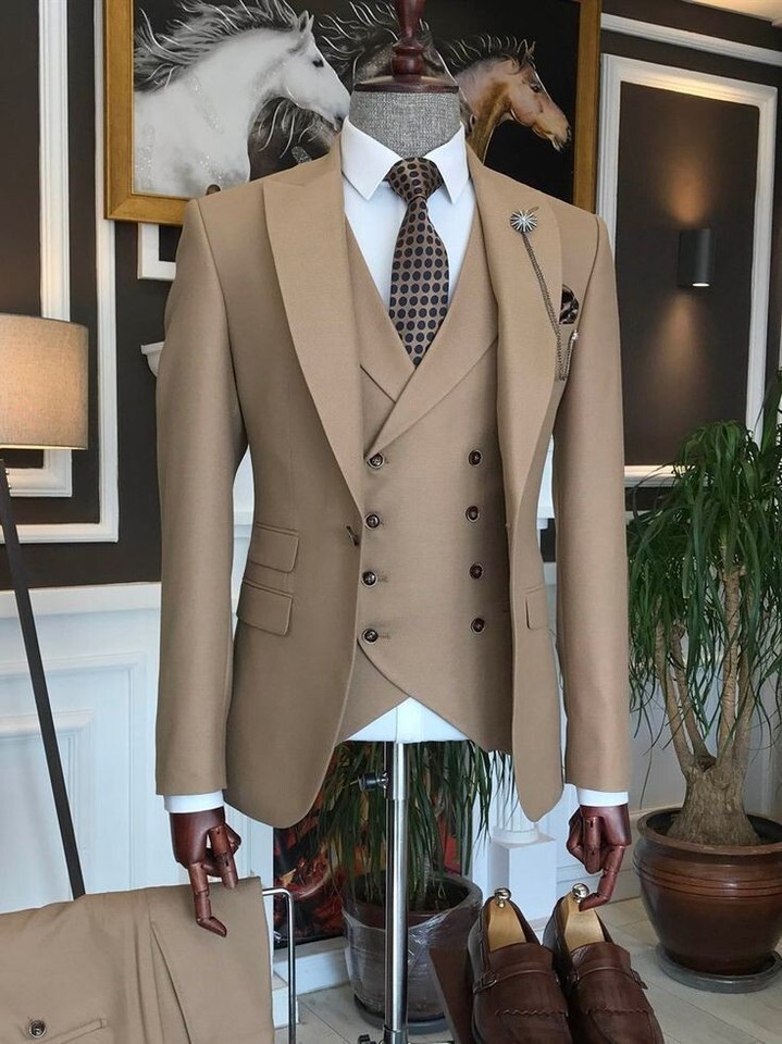Camel 3 Piece Men Suit Peak Lapel Groomsman Tuxedo Wedding Formal Party Prom - Picture 10 of 19