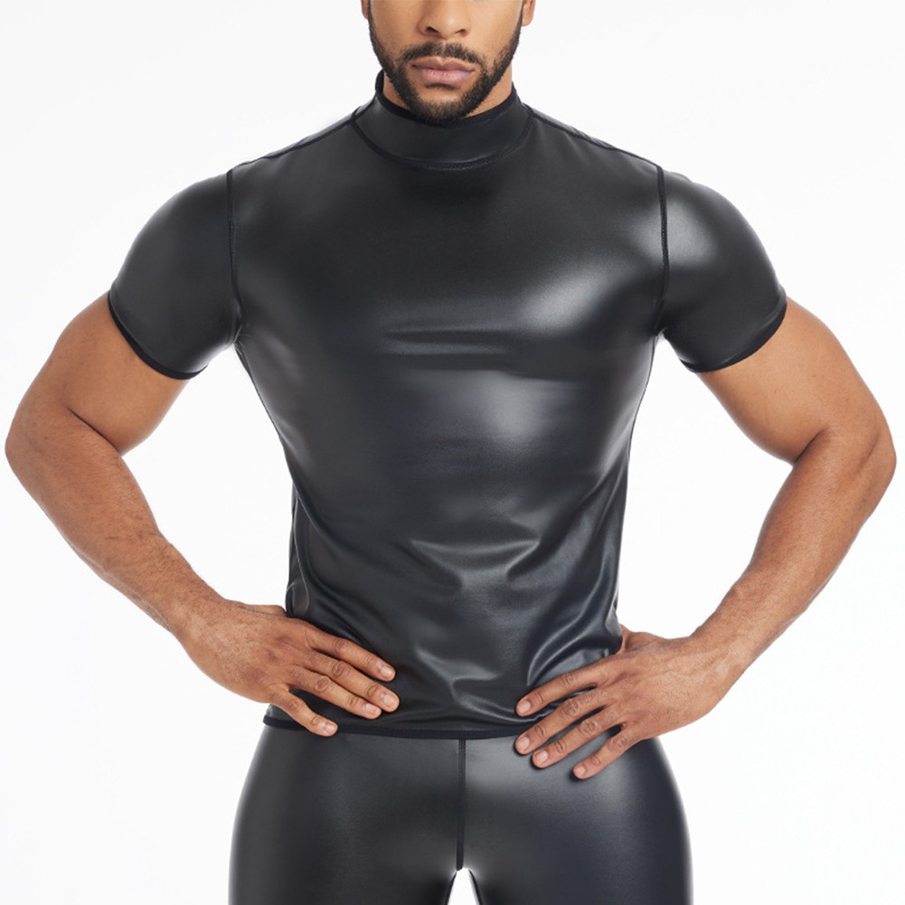 Wet Look Short Sleeve Top Shapewear Blouse for Men Waist Trainer Corsets
