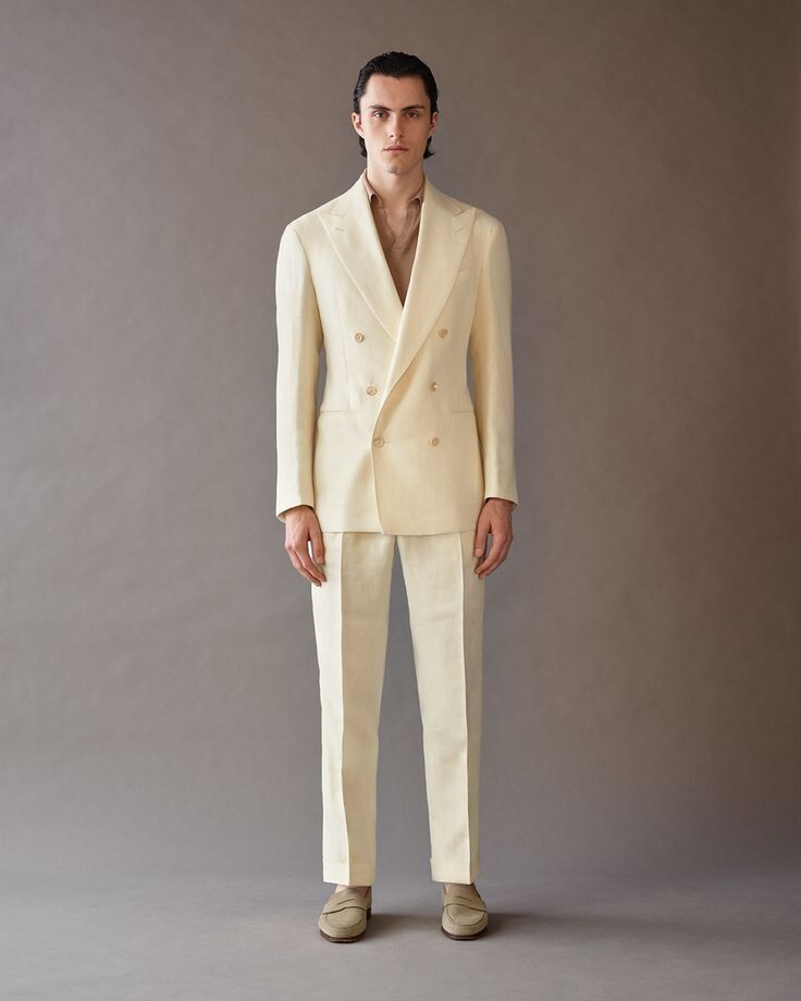 Cream Linen Men Suit Double Breasted Groom Tuxedos Prom Party Summer Casual 2PCS - Picture 10 of 10
