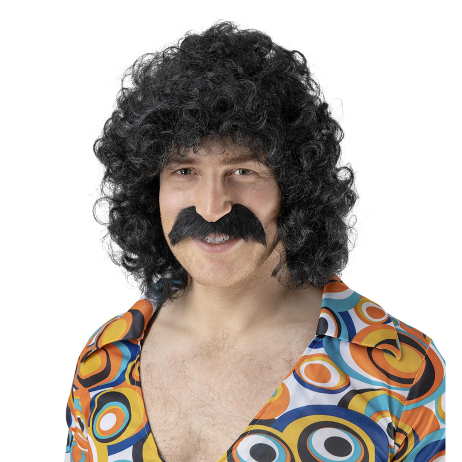 Curly Perm Wig With Moustache Bubble Hair Funny Scouser 80s 118 Fancy Dress - Picture 7 of 9