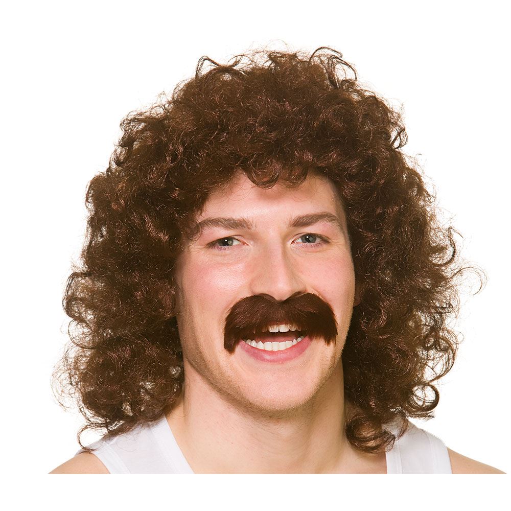 Curly Perm Wig With Moustache Bubble Hair Funny Scouser 80s 118 Fancy Dress - Picture 8 of 9