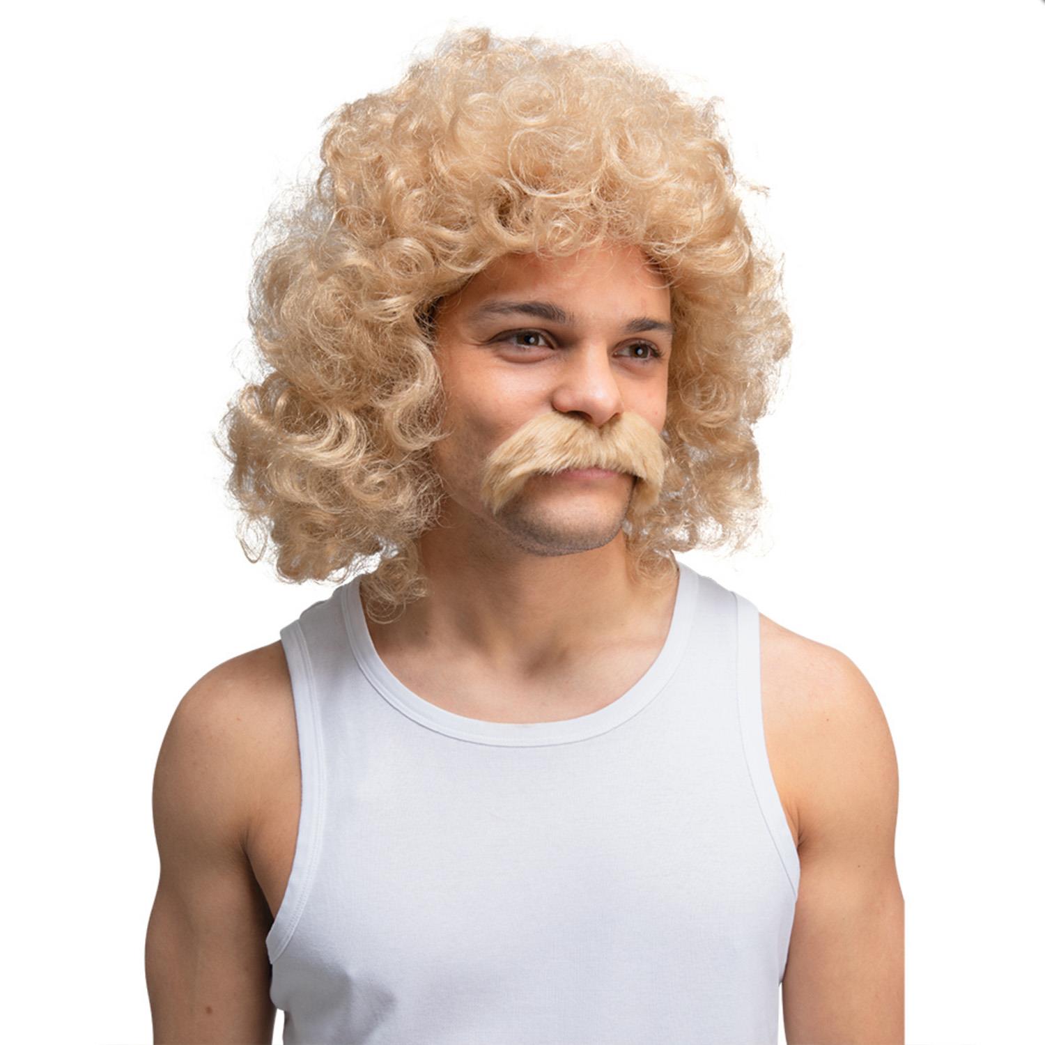 Curly Perm Wig With Moustache Bubble Hair Funny Scouser 80s 118 Fancy Dress - Picture 9 of 9