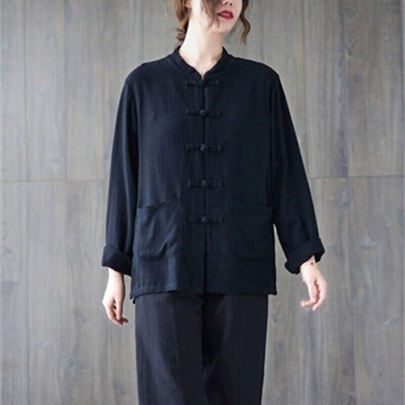 Women's Chinese Wushu Cotton Linen Long Sleeved Tai Chi Kung Fu Shirt Top Coat - Picture 21 of 26