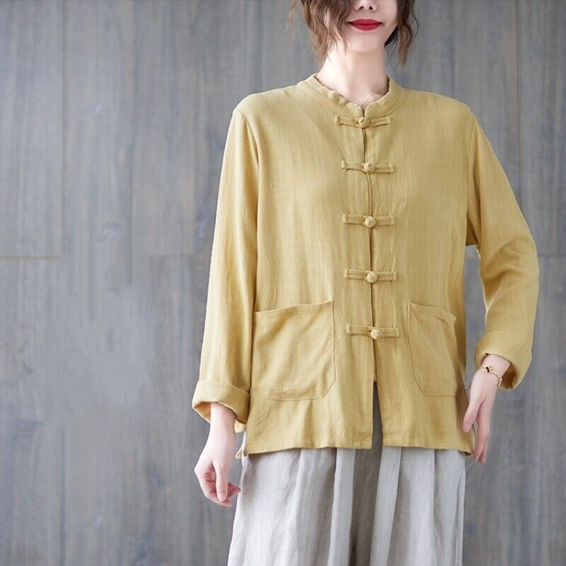 Women's Chinese Wushu Cotton Linen Long Sleeved Tai Chi Kung Fu Shirt Top Coat - Picture 23 of 26