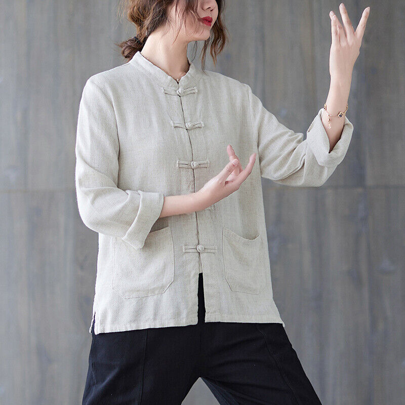 Women's Chinese Wushu Cotton Linen Long Sleeved Tai Chi Kung Fu Shirt Top Coat - Picture 26 of 26