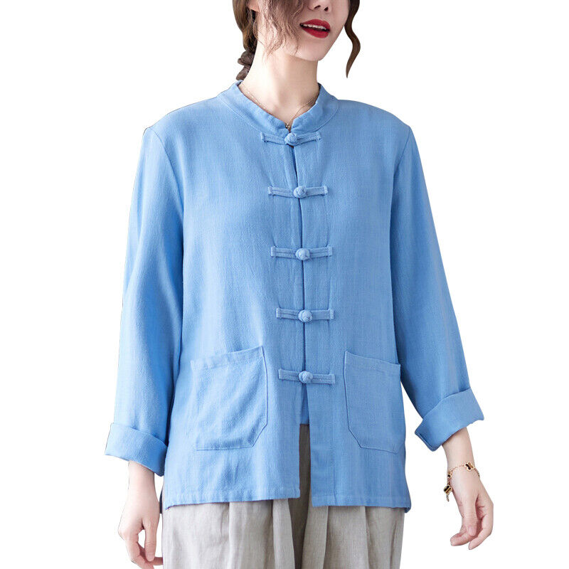 Women's Chinese Wushu Cotton Linen Long Sleeved Tai Chi Kung Fu Shirt Top Coat - Picture 24 of 26