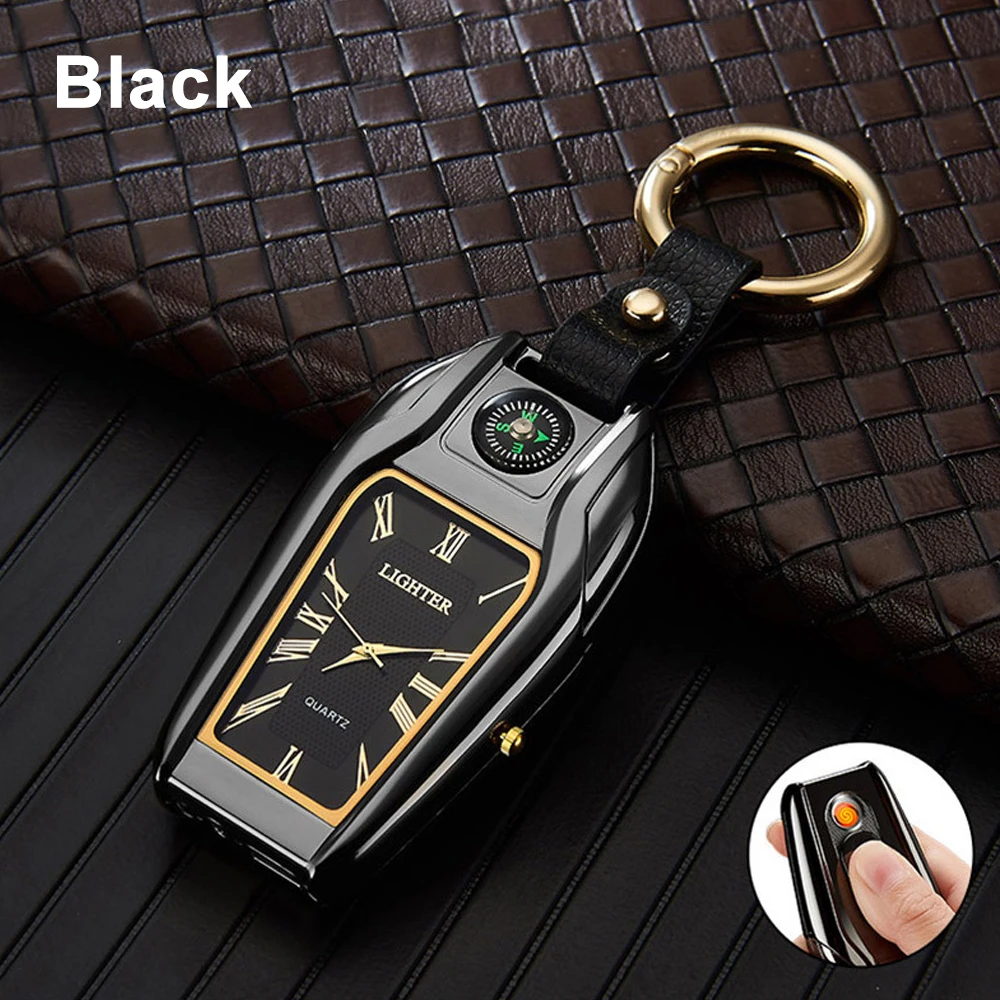 Metal Car Keychain Real Watch USB Charging Lighter Outdoor Compass Lighting Gift