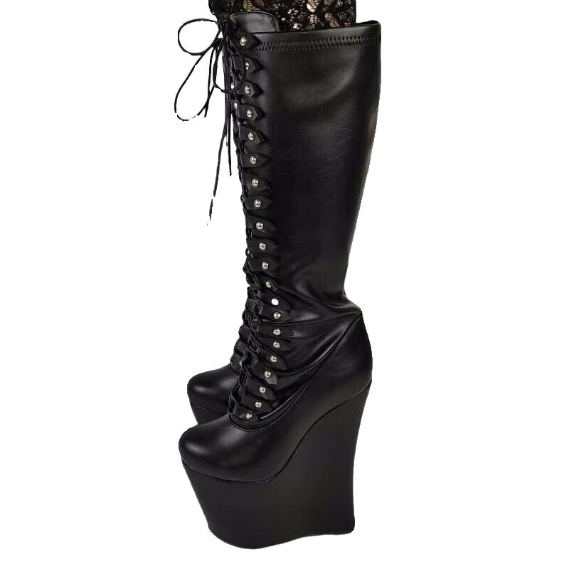 20Cm Platform Boots Women Wedge High Heel Lace Up Black Boots Unisex Style Zipp - Picture 6 of 6