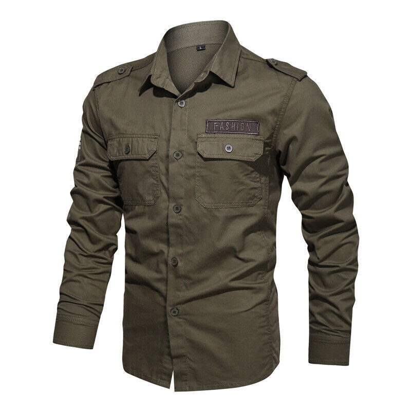 Militärhemden schmal neu Herren Langarm Taschen Armee Baumwolle Freizeit Oberteil Hemden - Bild 17 von 19
