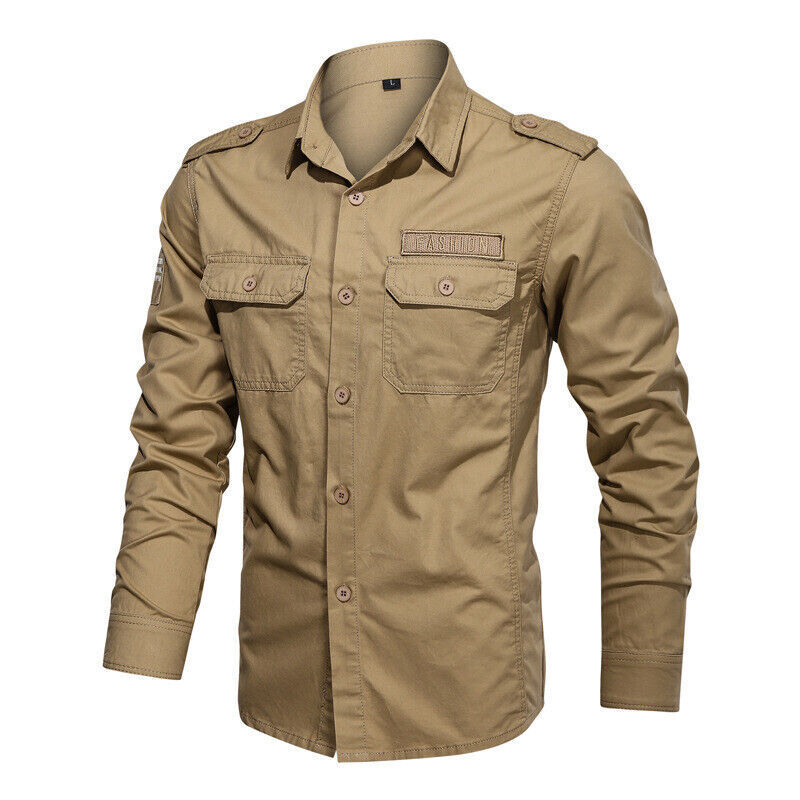 Militärhemden schmal neu Herren Langarm Taschen Armee Baumwolle Freizeit Oberteil Hemden - Bild 19 von 19