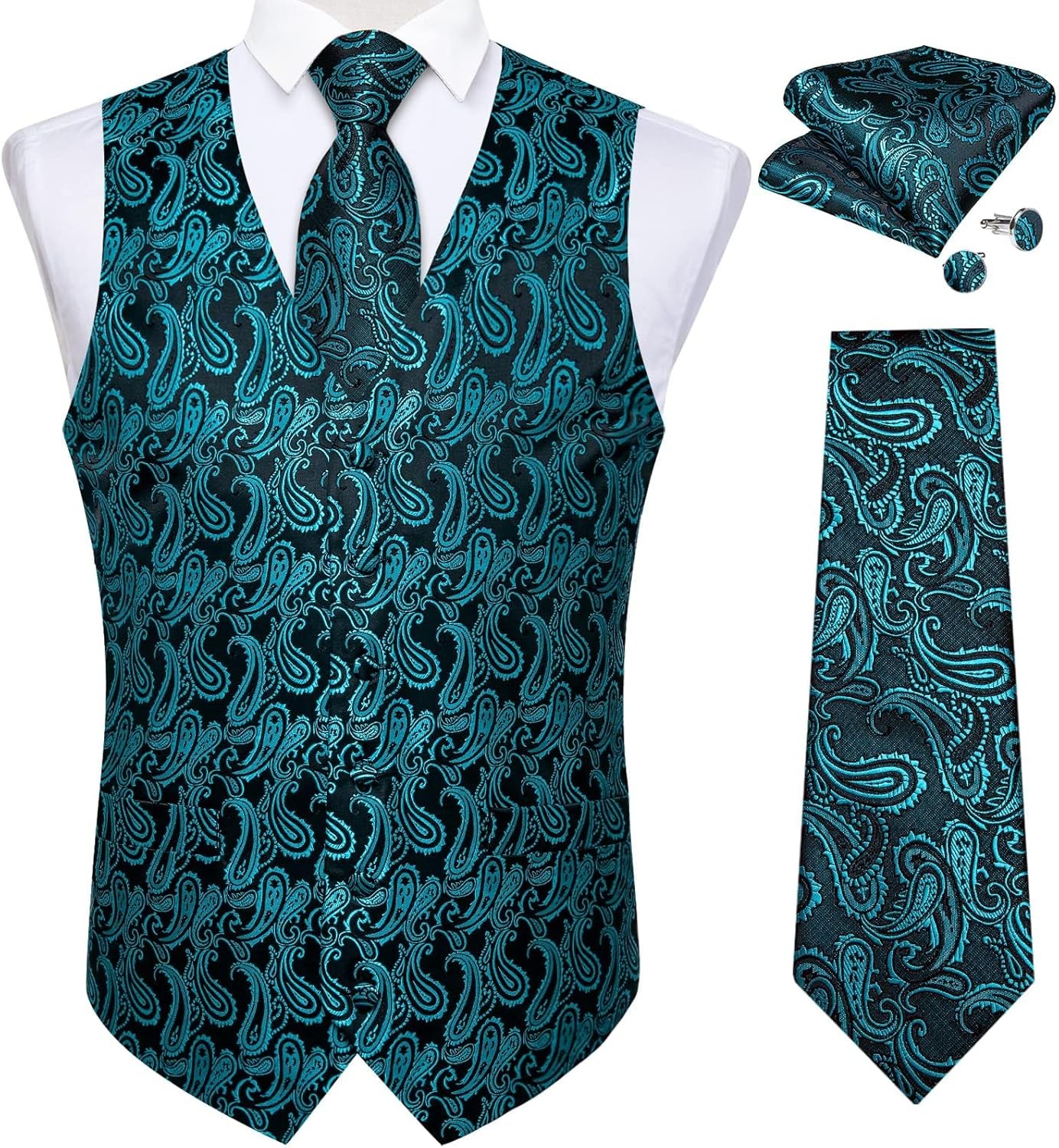 Mens Formal Vest and Tie Set with Pocket Square Cufflinks for Wedding Tuxedo
