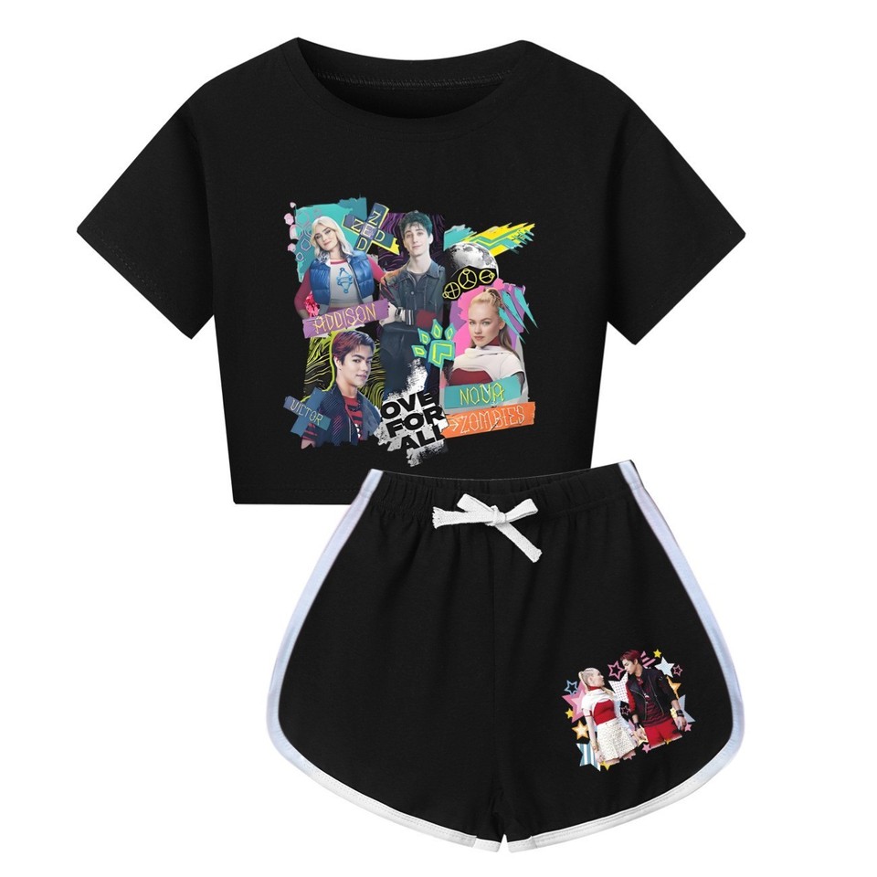 2025 Girls Zombies 4 Print Tracksuit Cosplay Costume Crop Top Tee+Shorts Outfits