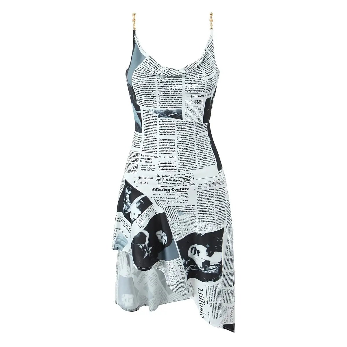 Women Newspaper Letter Print Hem Sling Dress Fashion Straps with Chain Summer A - Picture 20 of 20