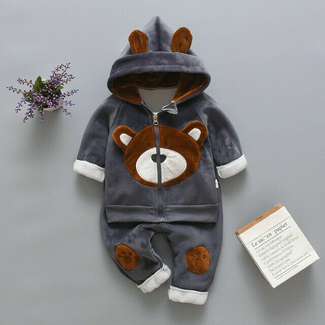 Hot Toddler Boy Girl Winter Warm Hood Clothes Baby Kid Top+Pants Pleuche Outfit - Picture 11 of 12